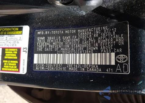 2012 Toyota Corolla S из США, поврежденный, VIN 2T1BU4EE5CC813840